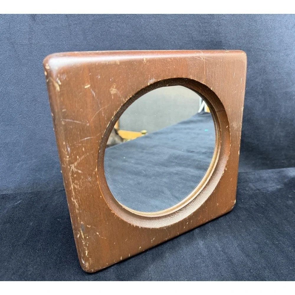 Vintage 70's Square Wooden Mirror Framed Round Mirror Retro 1970s Boho Bedroom